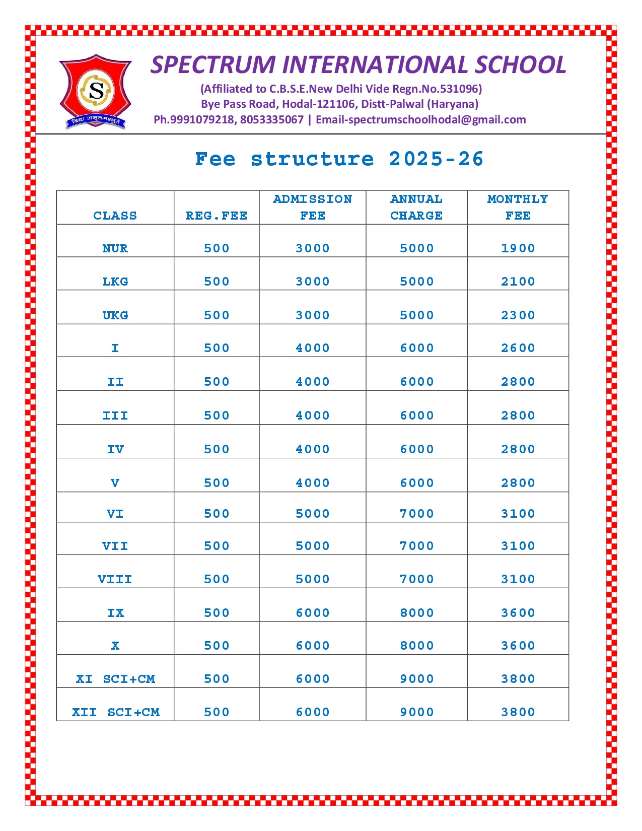 Fee structure 2025-26 Without Transport
